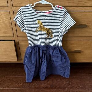 Mini Boden Striped Dress with Gold Horse and Blue Skirt